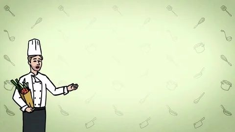 Animated Character Chef stands and says, curve contour, green background Stock Footage 77282803