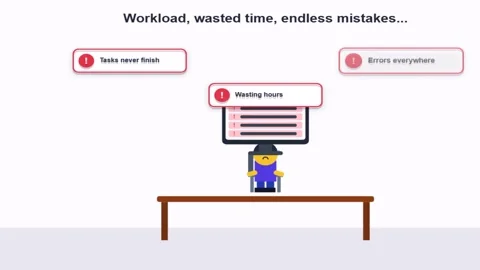 Animated character faces computer problem with icons and solution in clean .. 库存影片 347742484