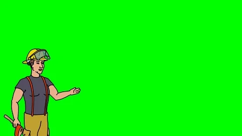 Animated Character Fire fighter stands and says, smooth contour, green screen Stock Footage 77282543