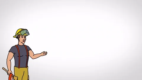 Animated Character Fire fighter stands, says, smooth contour, white background Stock Footage 77282588