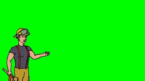 Animated Character Fire fighter stands and says, curve contour, green screen 動画素材 77282598