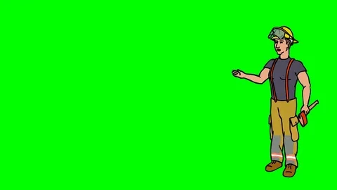 Animated Character Fire fighter stands and says, curve contour, green screen 動画素材 77282619