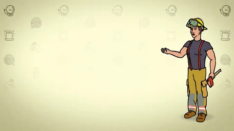 Animated Character Fire fighter stands, says, curve contour, yellow background Stock Footage 77282812