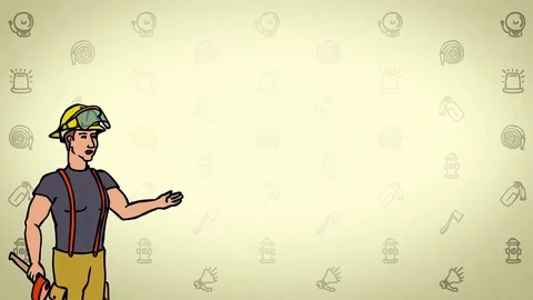 Animated Character Fire fighter stands , says, curve contour, yellow background Stock Footage 77282824