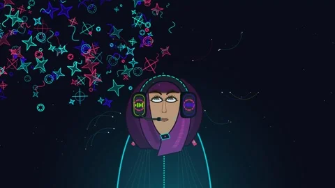 Animated Character With Headset And Colorful Floating Shapes Concept Video stock 340970215