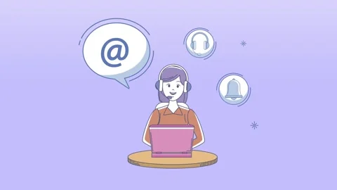 Animated character with headset works on laptop with icons like email, head.. Stock Footage 333545490