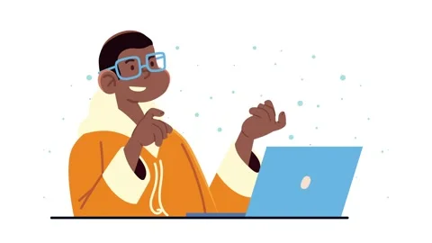 Animated character illustration working on laptop computer while thinking a.. Stock Footage 338428150