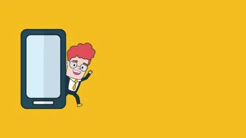 Animated character peeking from behind a large smartphone screen on a yello.. Vídeo Stock 334524493