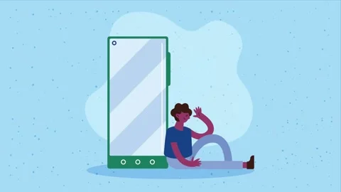 Animated character sitting next to large mobile smartphone for digital cont.. Stock-Footage 338365597