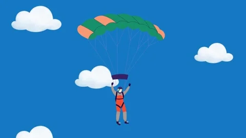 Animated character skydiver parachuting through a clear blue sky with fluffy Stock-Footage 341941159