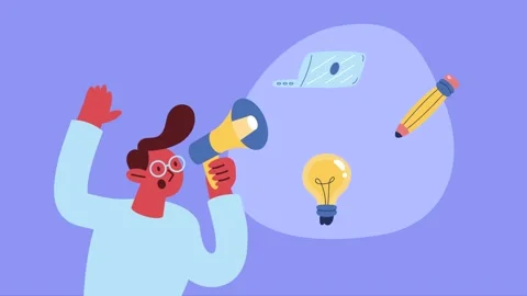 Animated character speaking through a megaphone about education and creativ.. Vídeo Stock 339061456
