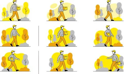 Animated Character Walking with Package Through Autumn Park. Stock Illustration