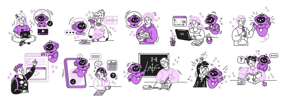 Animated Characters Engaging with Technology and Learning Stock Illustration
