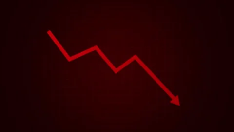 Animated chart with a falling arrow and trend line depicting a stock market cras Stock Footage 318388647