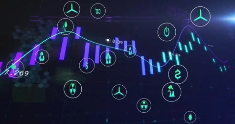 Animated chart showing teal line crossing bars causing oscillation and icons Stock Footage 321700828