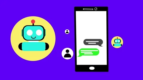 Animated chatbot icon and user icons next to a smartphone. Stock Footage 319663057