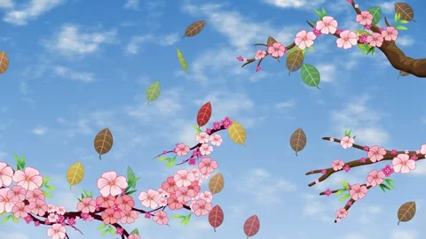 Animated Cherry Blossom Branches with Falling Autumn Leaves Loop Stock Footage 345297125