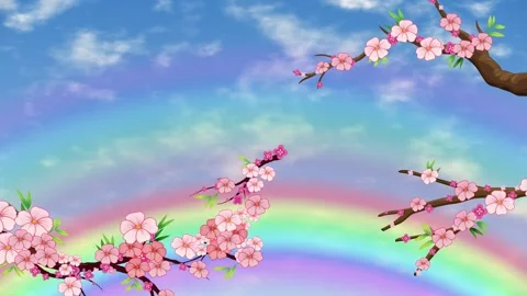 Animated Cherry Blossom Branches with Rainbow and Blue Sky Background 库存影片 345120822