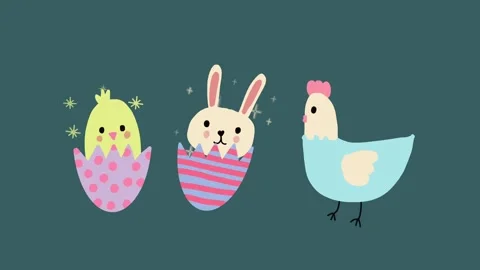 Animated chick and bunny in egg shelves with hen Stock Footage 313112630