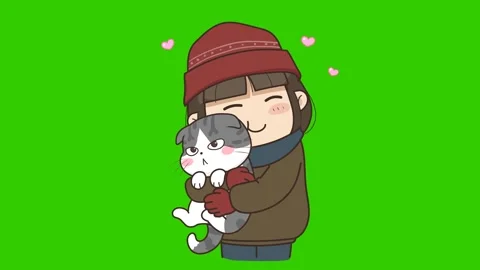 Animated Child and Cat Cuddle - Green Screen for Creative Projects Stock Footage 282783478