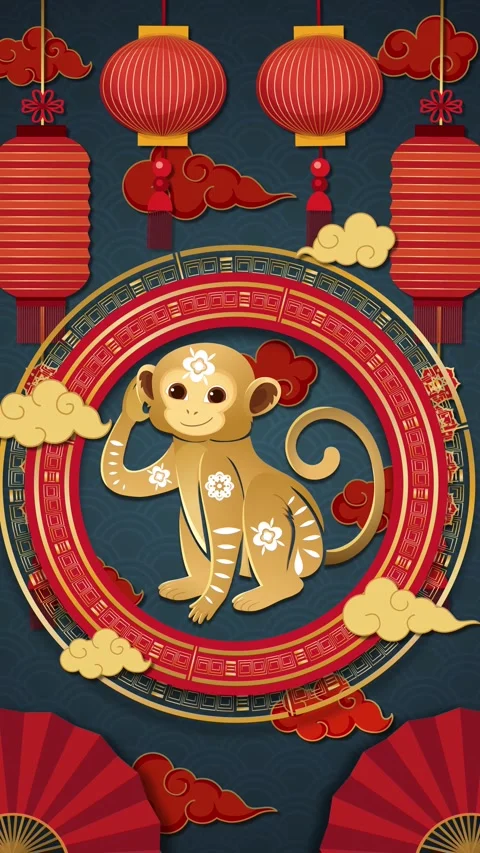 Animated Chinese Zodiac Monkey with Red Lanterns and Golden Frame Stock Footage 333374019