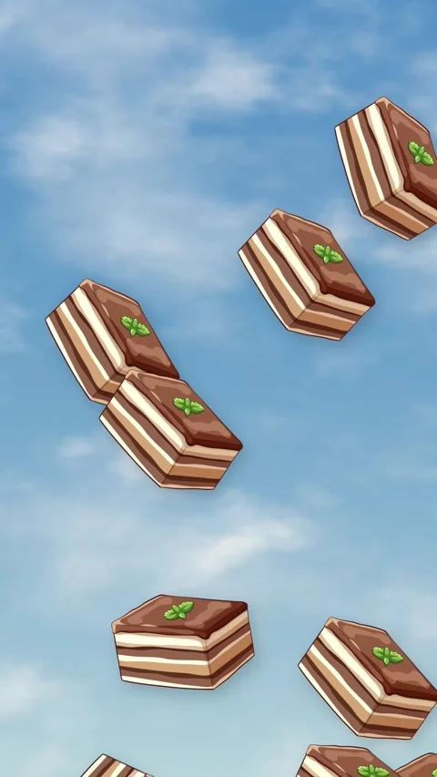Animated Chocolate Cake Slices Bursting and Floating in the Sky Stock Footage 345314203