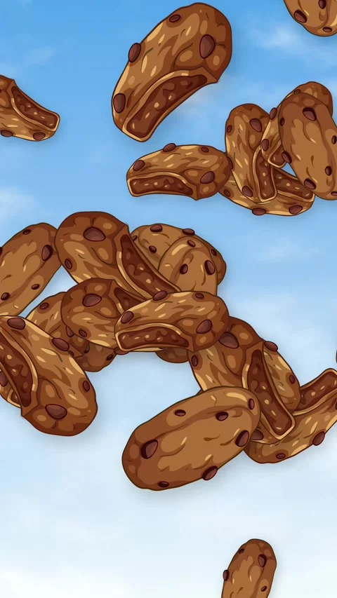 Animated Chocolate Chip Cookies Falling Through a Bright Blue Sky Stock Footage 344378159