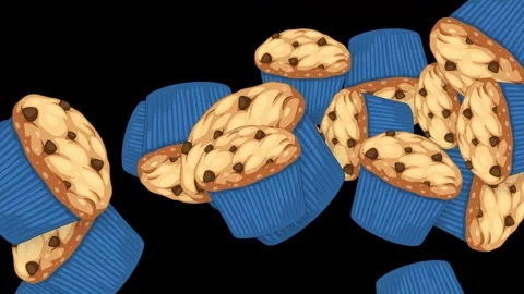 Animated Chocolate Chip Muffins Falling and Bursting on Black Background Stock-Footage 344617118