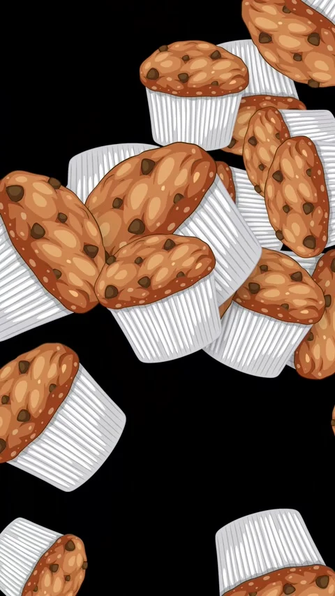 Animated Chocolate Chip Muffins Falling Against a Black Background Stock Footage 344717646