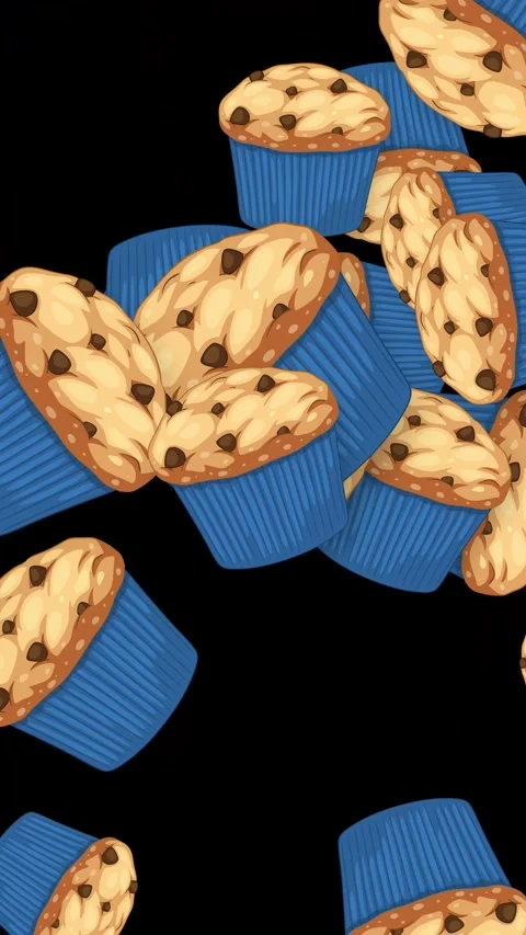 Animated Chocolate Chip Muffins Falling Against a Solid Black Background Stock Footage 345038131