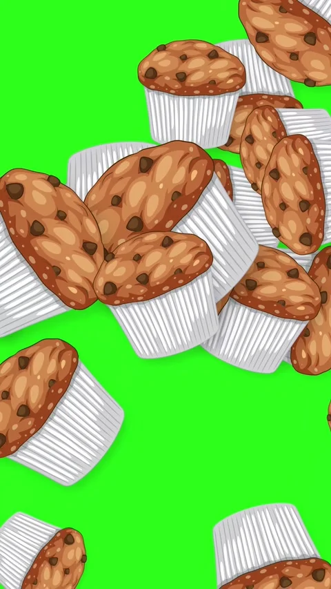 Animated Chocolate Chip Muffins Falling on Green Screen Background Stock Footage 345038163
