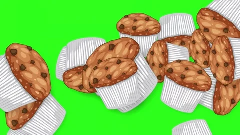 Animated Chocolate Chip Muffins Falling and Bouncing on Green Screen 動画素材 345293951