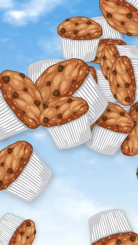 Animated Chocolate Chip Muffins Falling Through a Bright Blue Sky Stock Footage 345308036