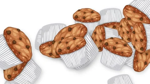 Animated Chocolate Chip Muffins Falling and Bouncing on White Background Stock Footage 346427736