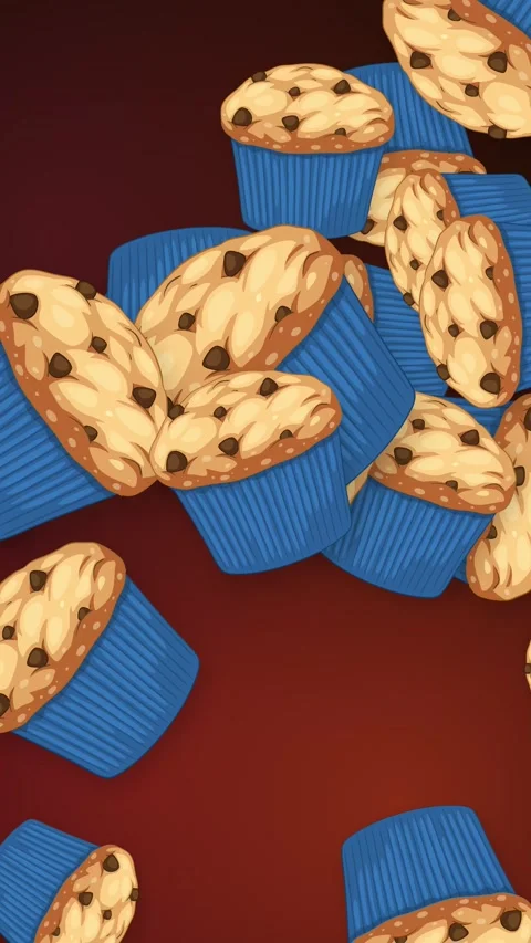 Animated Chocolate Chip Muffins Falling Against a Dark Red Background Stock Footage 346435503