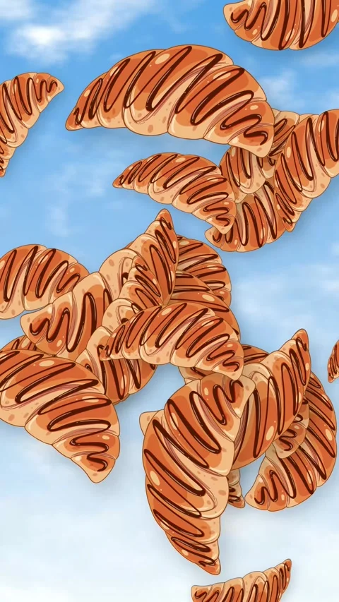 Animated Chocolate Croissants Falling Through a Bright Blue Sky Stock Footage 345198001