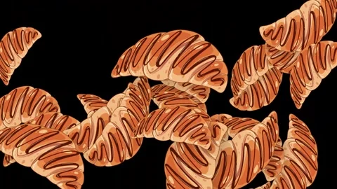 Animated Chocolate Drizzled Croissants Falling and Floating on Black Background Video stock 344717655