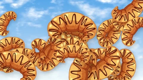 Animated Chocolate Drizzled Croissants Falling Through a Blue Sky Stock Footage 344843010