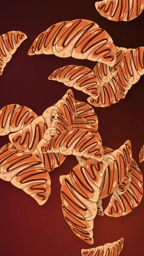 Animated Chocolate Drizzled Croissants Falling Against a Dark Red Background Stock Footage 344843017