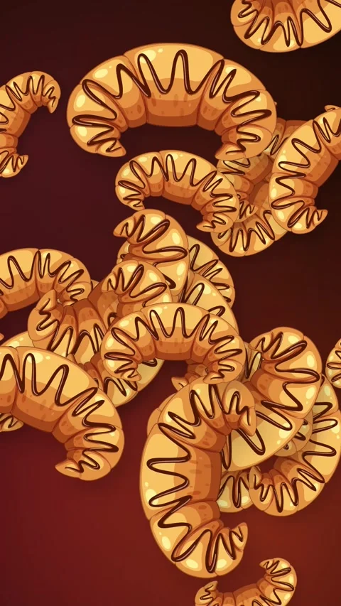 Animated Chocolate Drizzled Croissants Falling Against a Dark Red Background Video stock 344848455