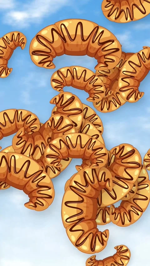 Animated Chocolate Drizzled Croissants Falling Through a Blue Sky Video stock 344848489