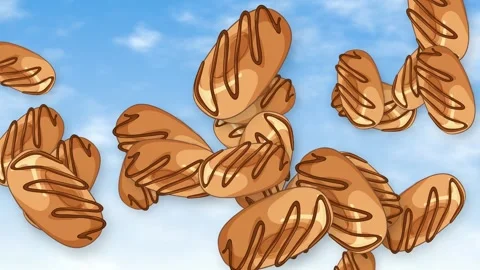Animated Chocolate Drizzled Pastries Falling Through a Bright Blue Sky Stock Footage 344843067