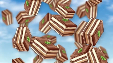 Animated Chocolate Layer Cake Slices Falling Through a Blue Sky Stock Footage 342468189