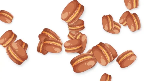 Animated Chocolate Macarons Falling and Bouncing on a White Background Видео 343836913
