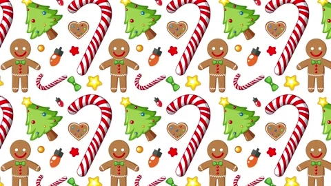 Animated Christmas pattern featuring gingerbread man candy cane and pine tr.. Stock Footage 333697483
