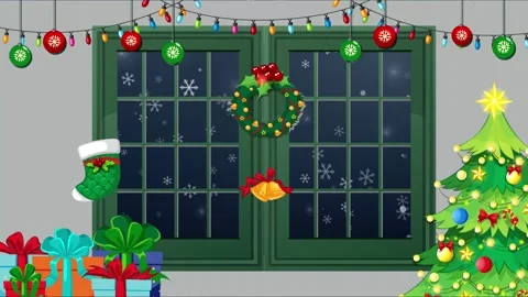 Animated Christmas Room Interior with Falling Snow Outside Window Stock Footage 344832258