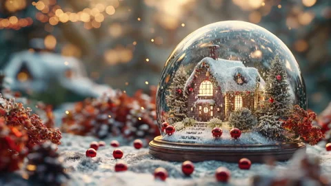 Animated christmas snow globe with a tree and house inside Video stock 273553415