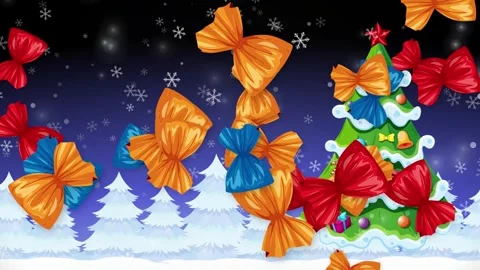 Animated Christmas Tree with Falling Colorful Bows and Snowflakes 스톡 동영상 345208417