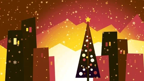 An animated Christmas tree twinkles, snow falling over a vibrant, stylized city Stock Footage 346315693