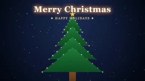 Animated Christmas tree with twinkling lights and festive greeting on a dark 스톡 동영상 345427267